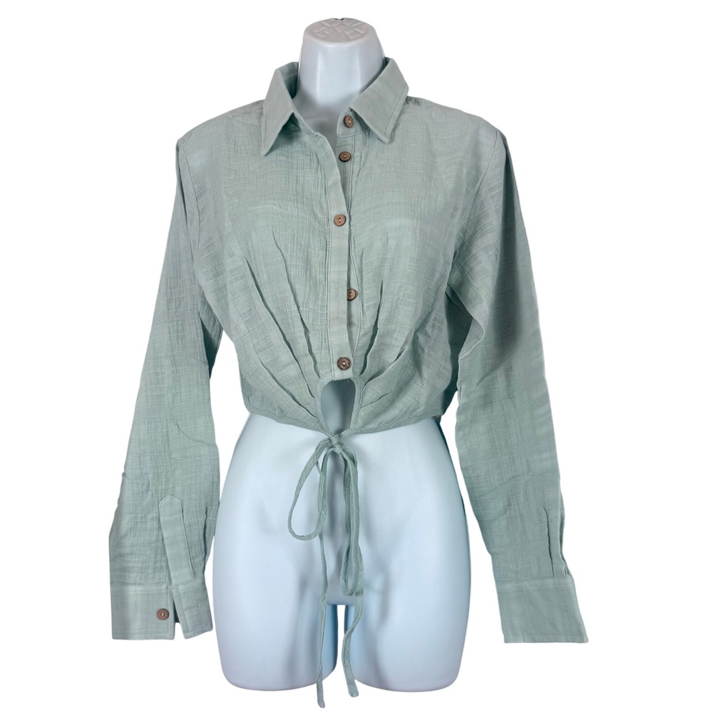 Promesa Tie Front Cropped Shirt Womens Medium Sea Foam NWT Textured Gauze Boho